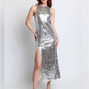 Show Me Your MuMu Silver Sequin High-Low Halter Dress